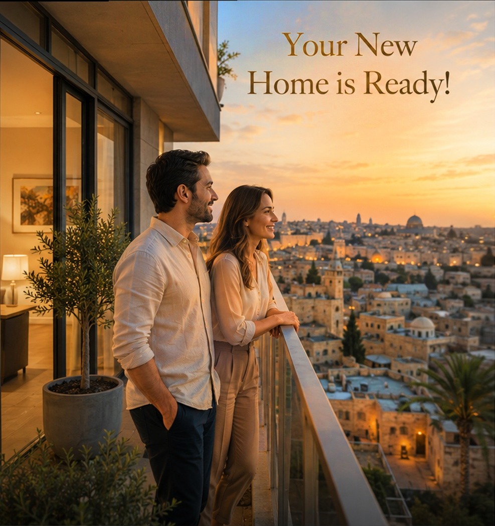 A couple looking out over the Jerusalem skyline at sunset from their renovated balcony — Your New Home is Ready!