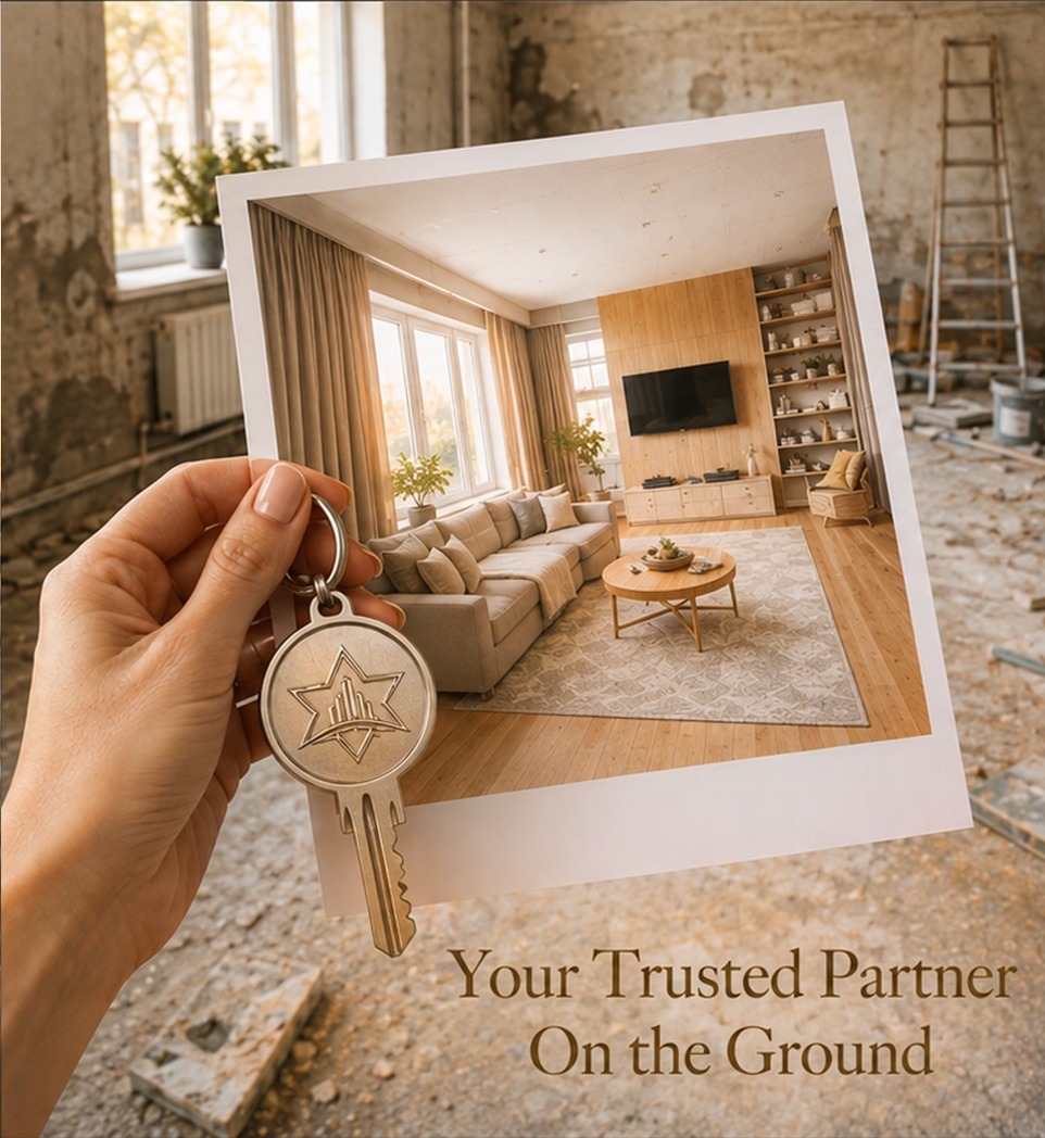 A hand holding a BridgePoint Israel key fob in front of a photo of a finished living room, set against a renovation in progress — Your Trusted Partner On the Ground