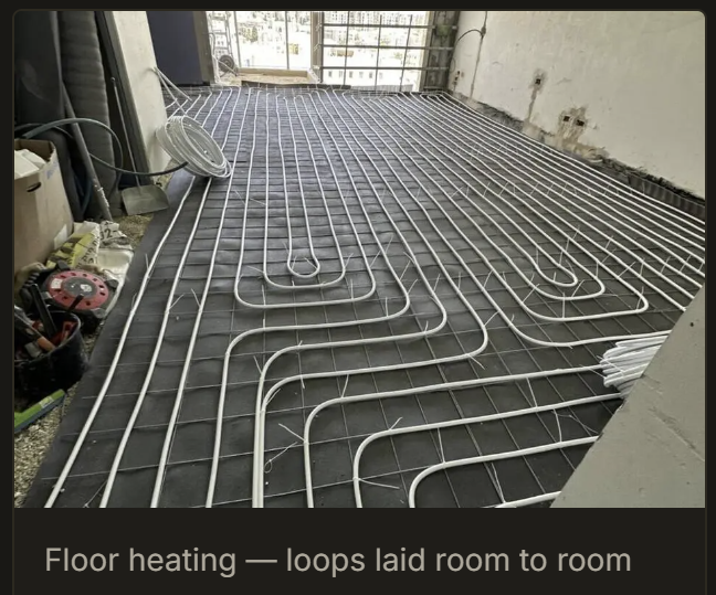 Floor heating loops laid room to room